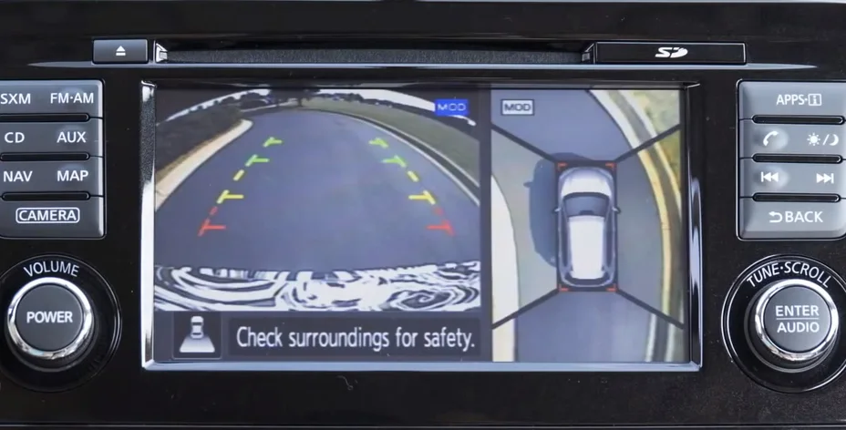 Nissan Around View Monitor showing a stitched overhead image beside the rear camera feed