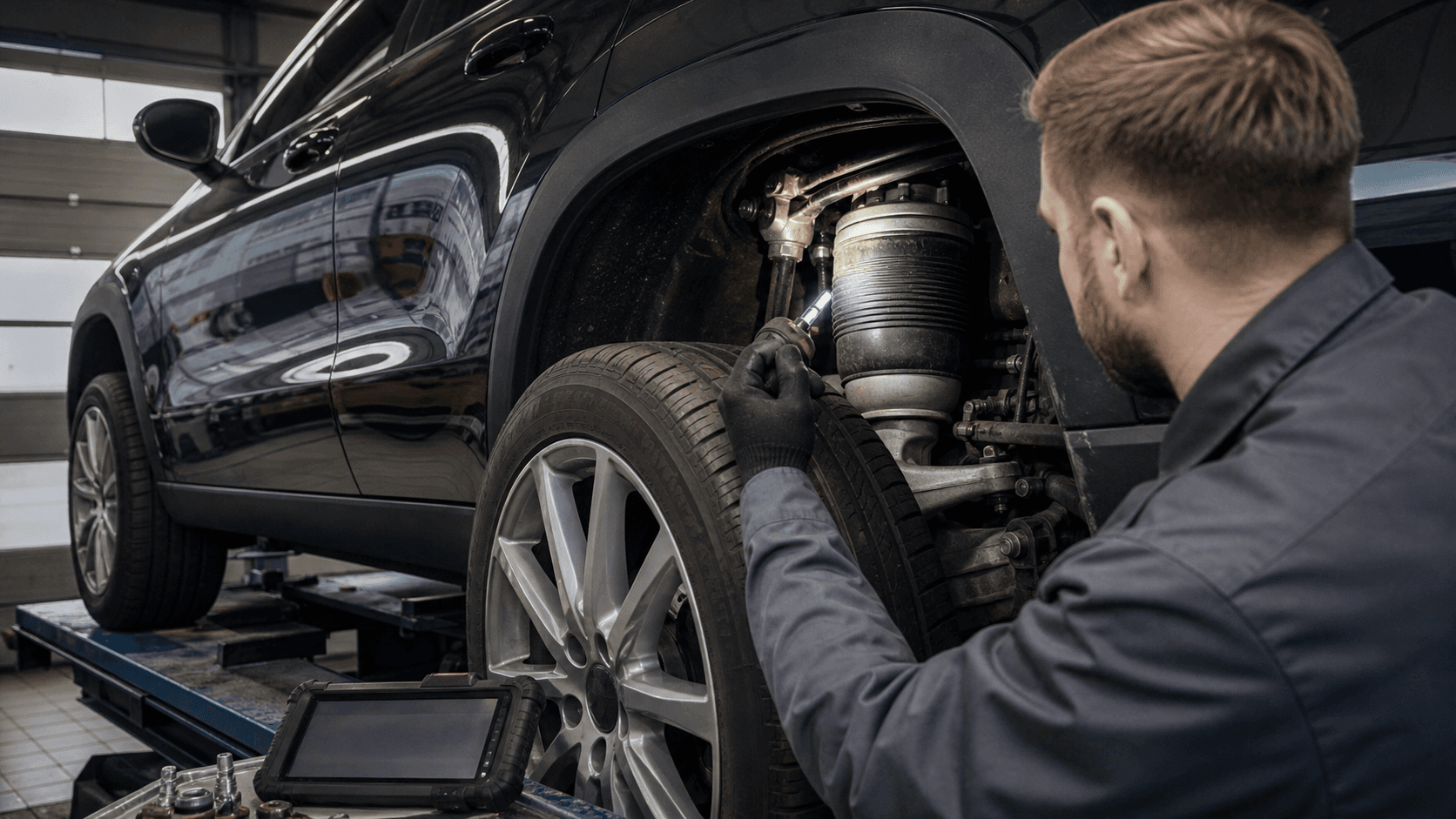 Air suspension inspected in a workshop before buying a used car