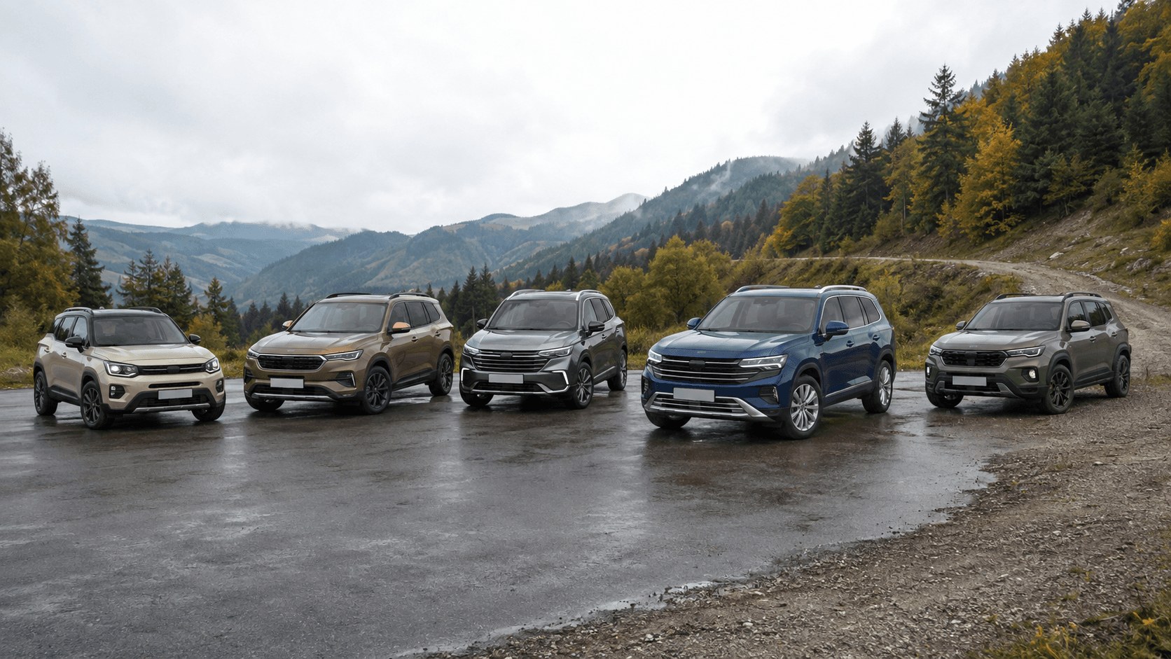 Cinco SUV 4x4 nuevos comparados en una carretera de montaña
