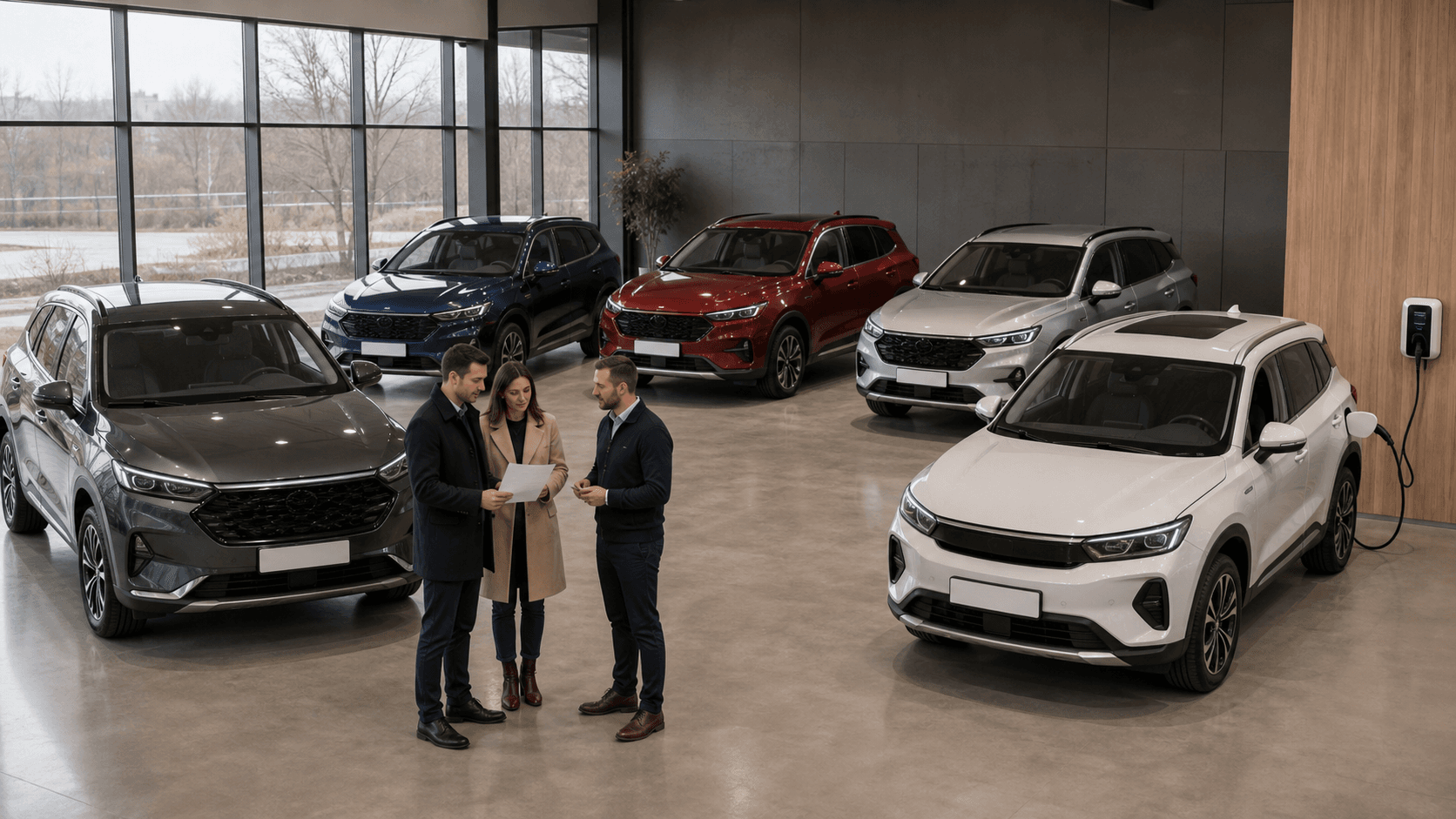 Five affordable Chinese hybrid SUVs compared in a car showroom