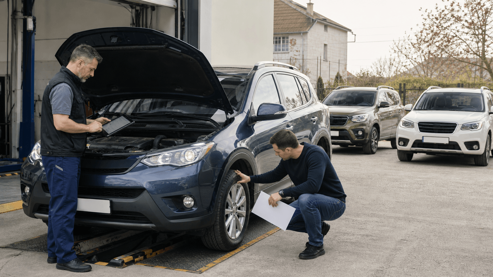 SUV japonés de ocasión inspeccionado en un taller antes de la compra