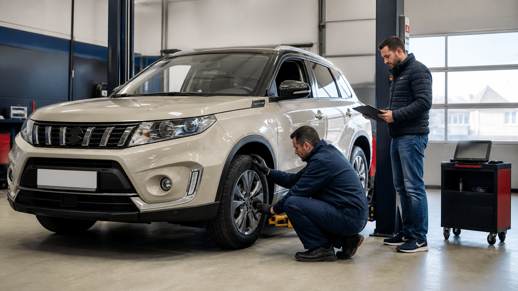 Suzuki Vitara de ocasión revisado en un taller antes de la compra