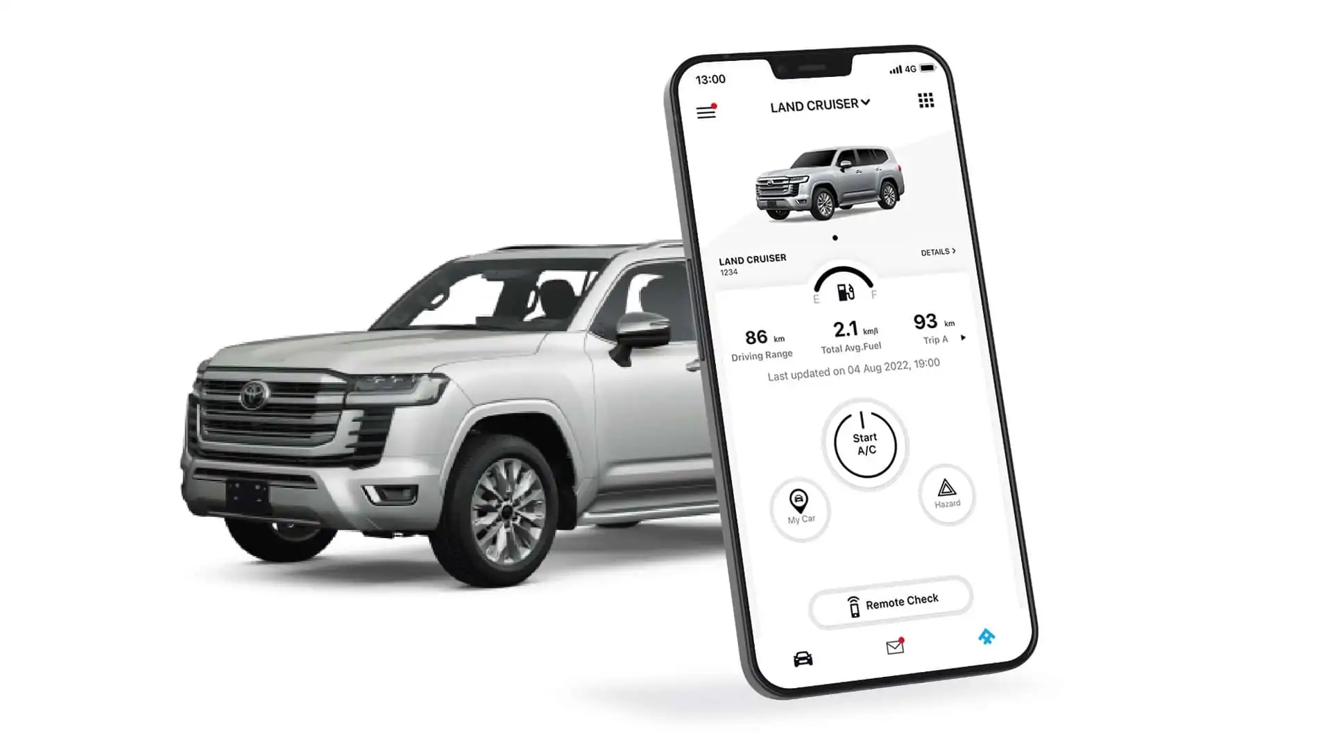Aplicație pentru servicii auto conectate afișată lângă un Toyota Land Cruiser