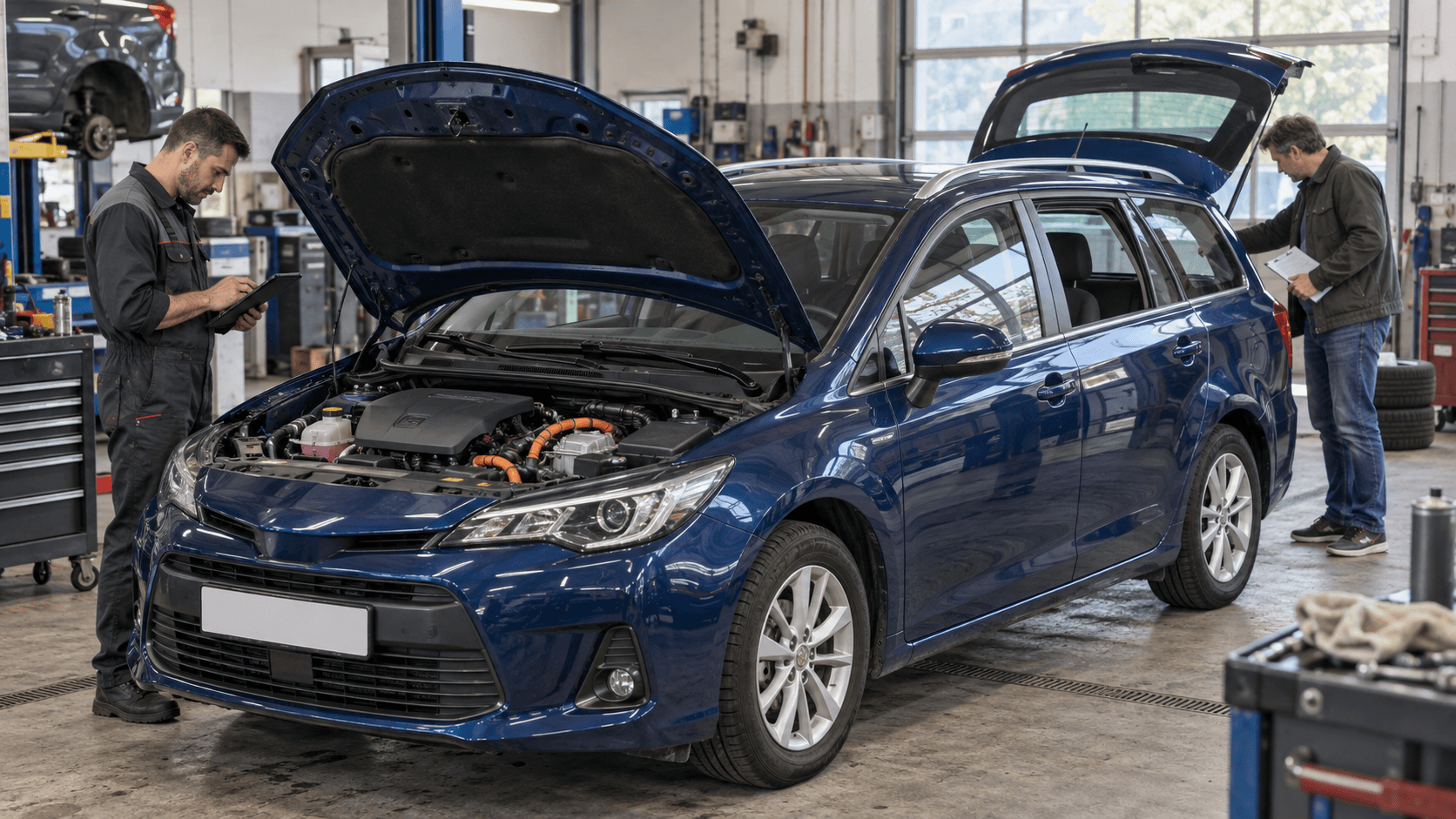 Used compact hybrid car being inspected in a workshop before purchase