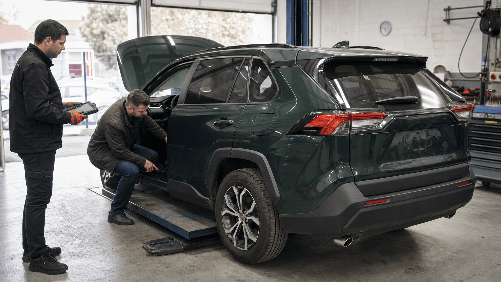 Toyota RAV4 Hybrid second-hand verificat într-un service înainte de cumpărare