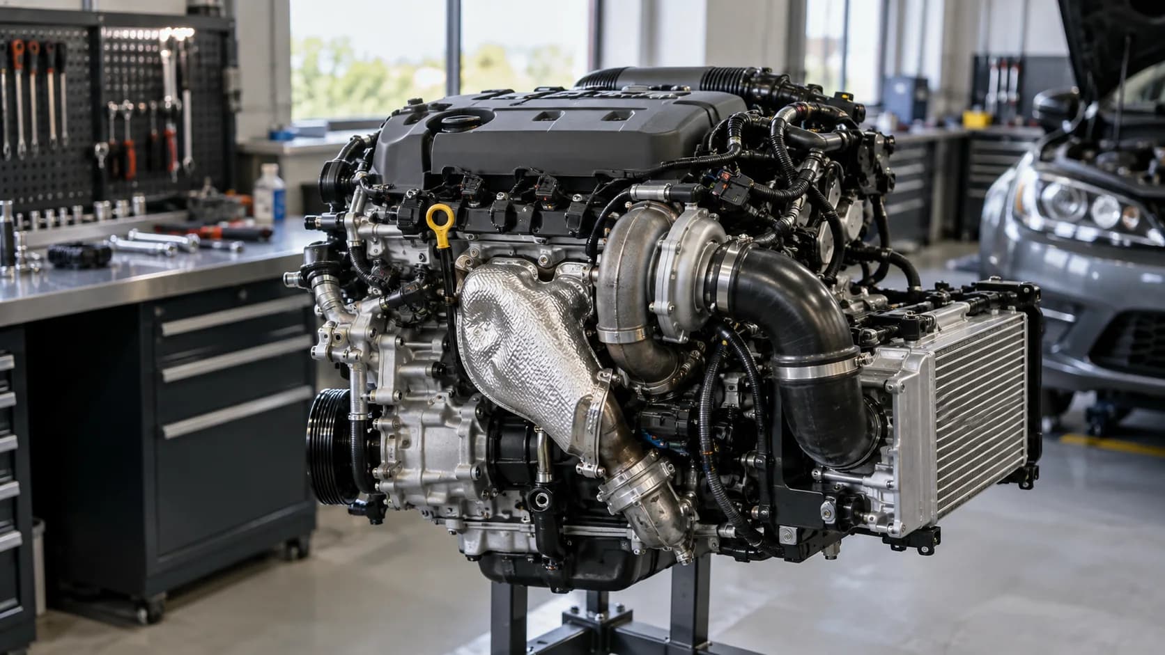 Cutaway diagram showing the internal components of a small, four-cylinder turbocharged engine, highlighting the turbocharger unit.