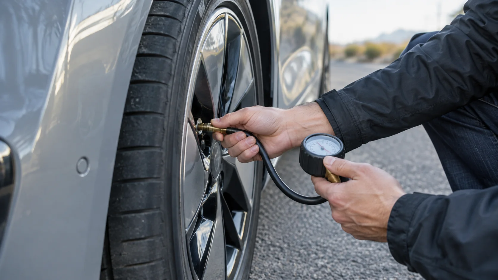 Close-up of an electric car tyre valve with a pressure gauge attached, showing a digital reading.