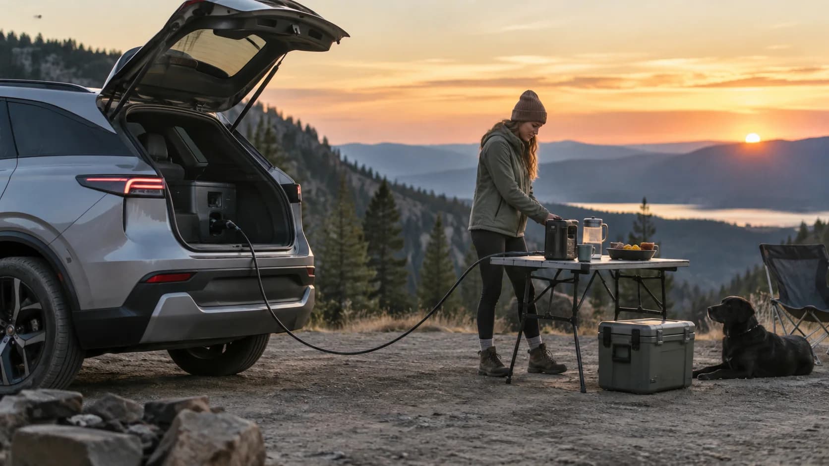 An electric vehicle with a charging cable plugged into a power strip, which is powering a laptop and a coffee machine.