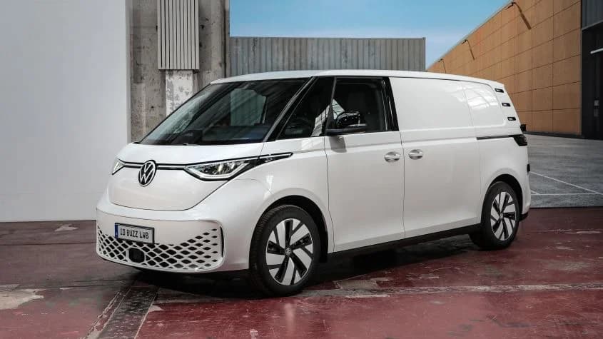 White Volkswagen ID. Buzz Cargo long-wheelbase van photographed from the front three-quarter angle