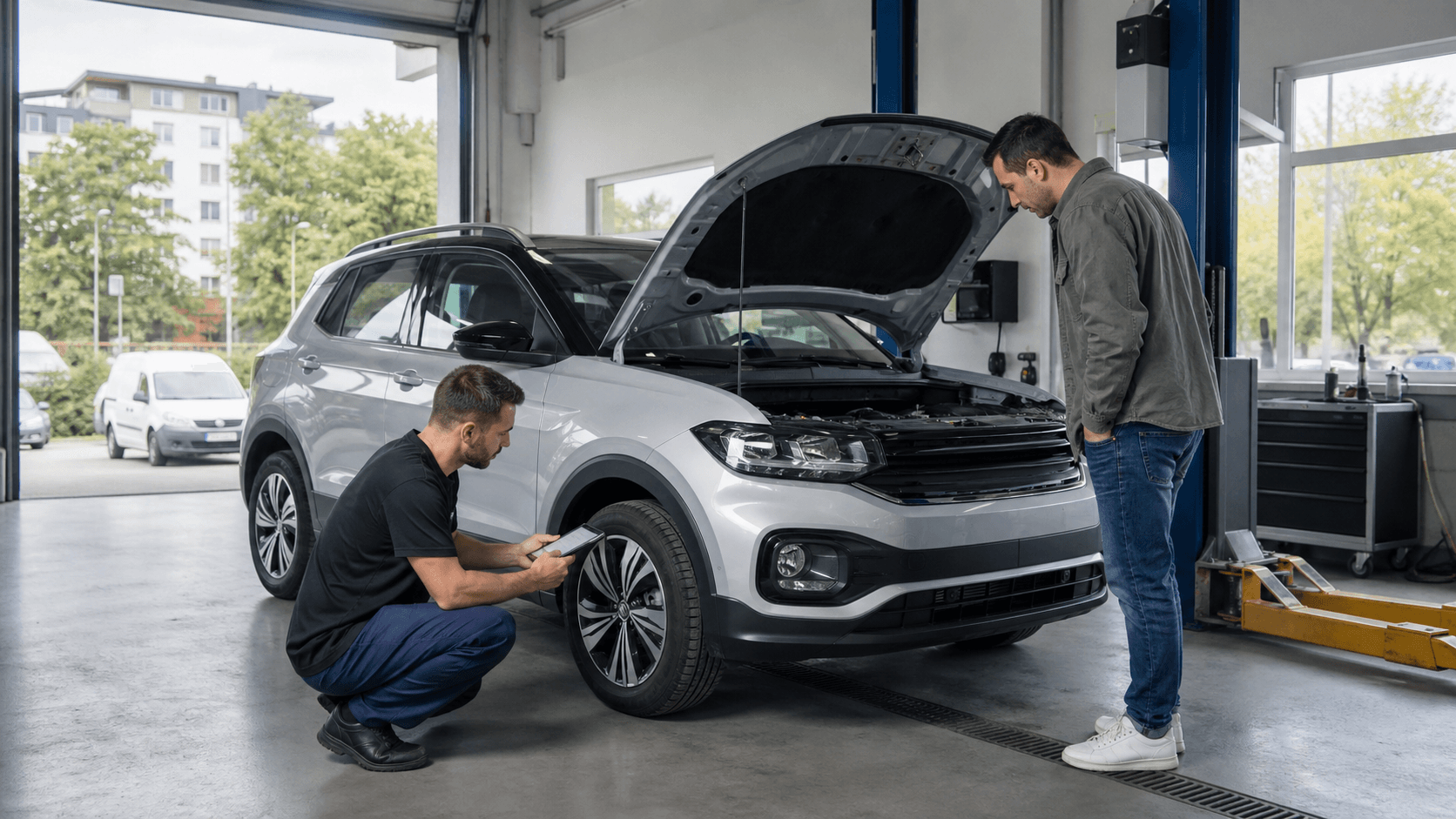 Used Volkswagen T-Cross inspected in a workshop before purchase