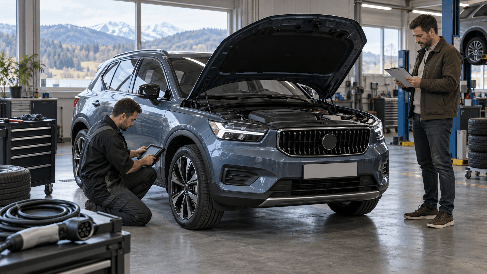 Used compact SUV inspected in a workshop before purchase