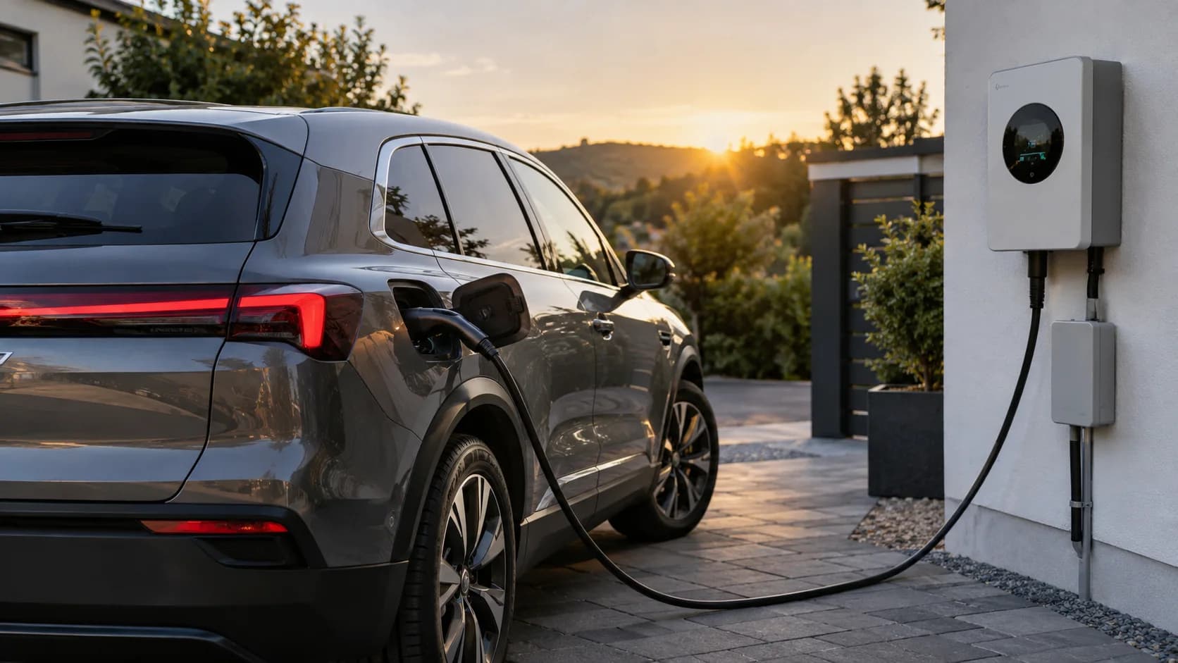 Ein Elektroauto wird an einer Ladestation geladen, während Energieverluste im Ladevorgang thematisiert werden.