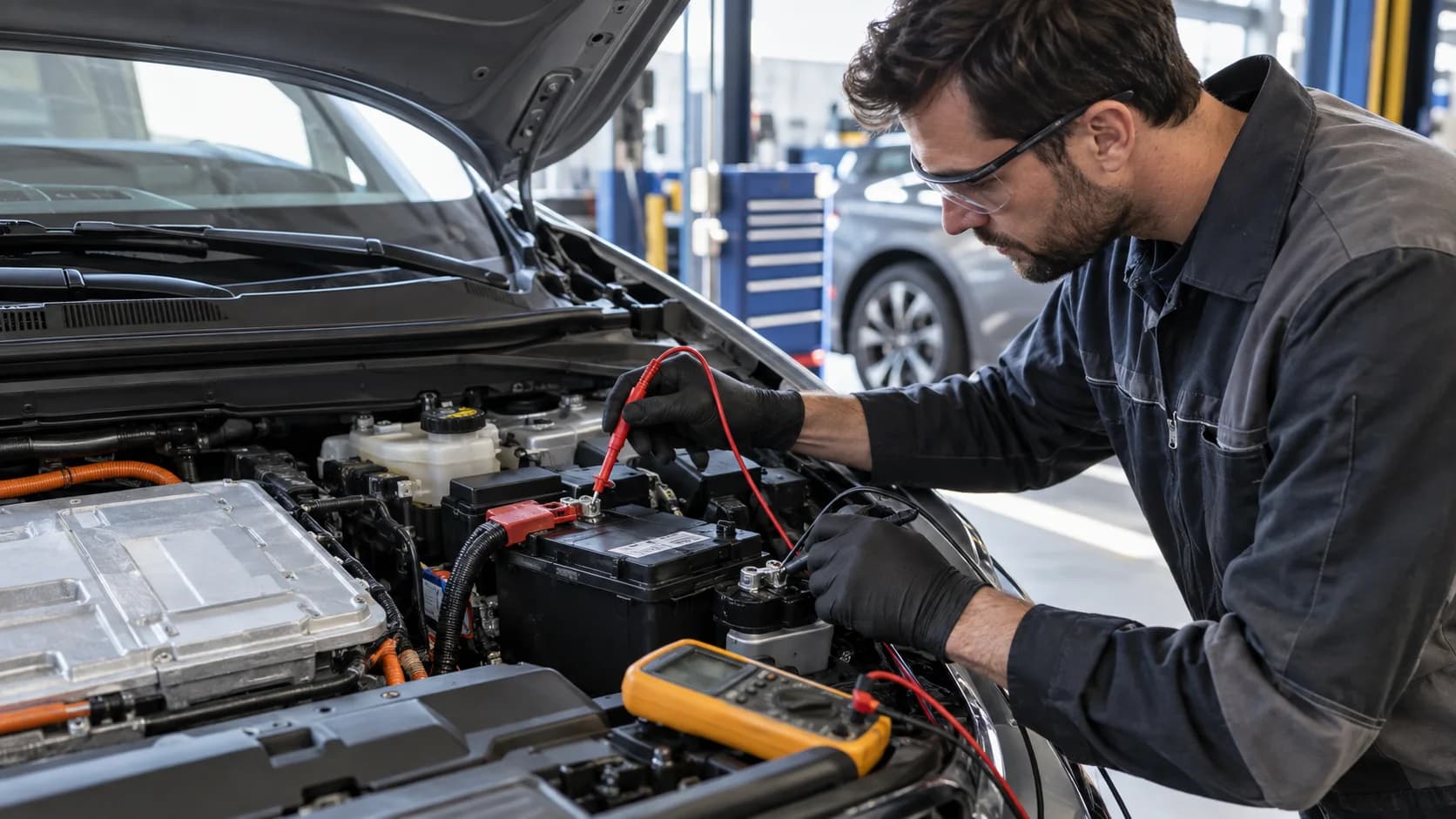 Eine 12-Volt-Autobatterie in einem modernen Fahrzeug, die elektrische Komponenten mit Strom versorgt.