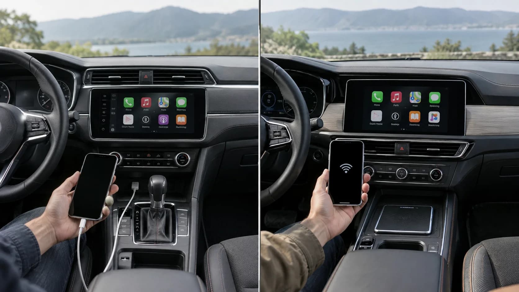 A driver's hand holds a smartphone connected to a car's infotainment system via a USB cable, with a wireless charging pad visible nearby.