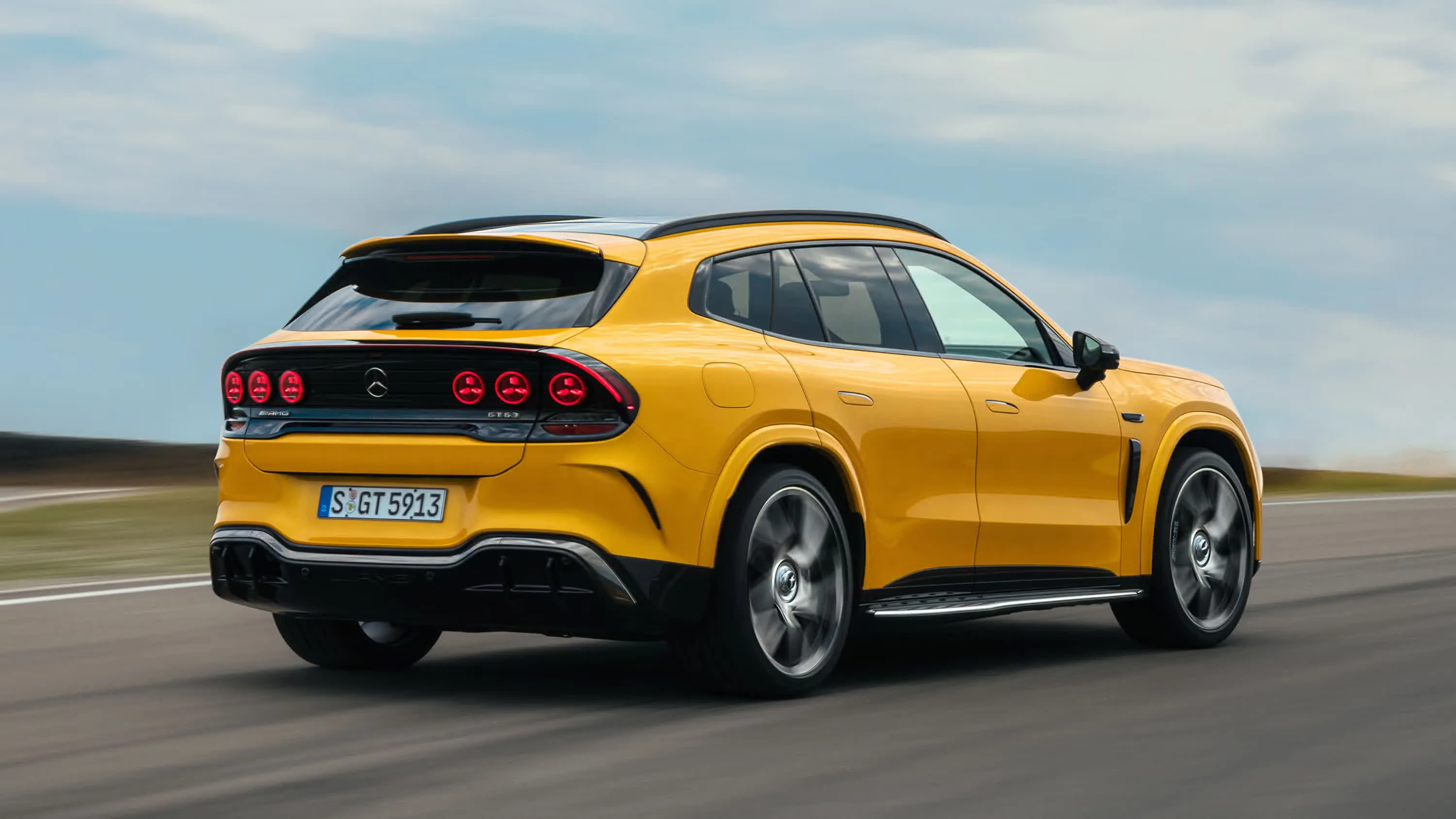 Mercedes-AMG GT SUV seen from the rear three-quarter angle