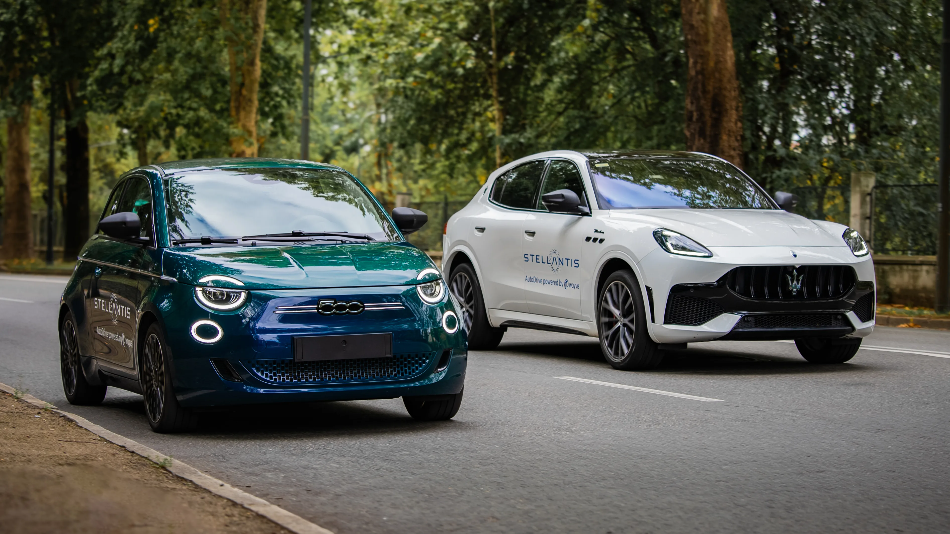 Fiat 500e and Maserati Grecale development vehicles with Stellantis and Wayve markings